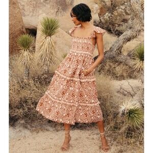 Cleobella Frida Smocked Ruffle Strap Boho Midi Dress Organic Cotton Rust Size S
